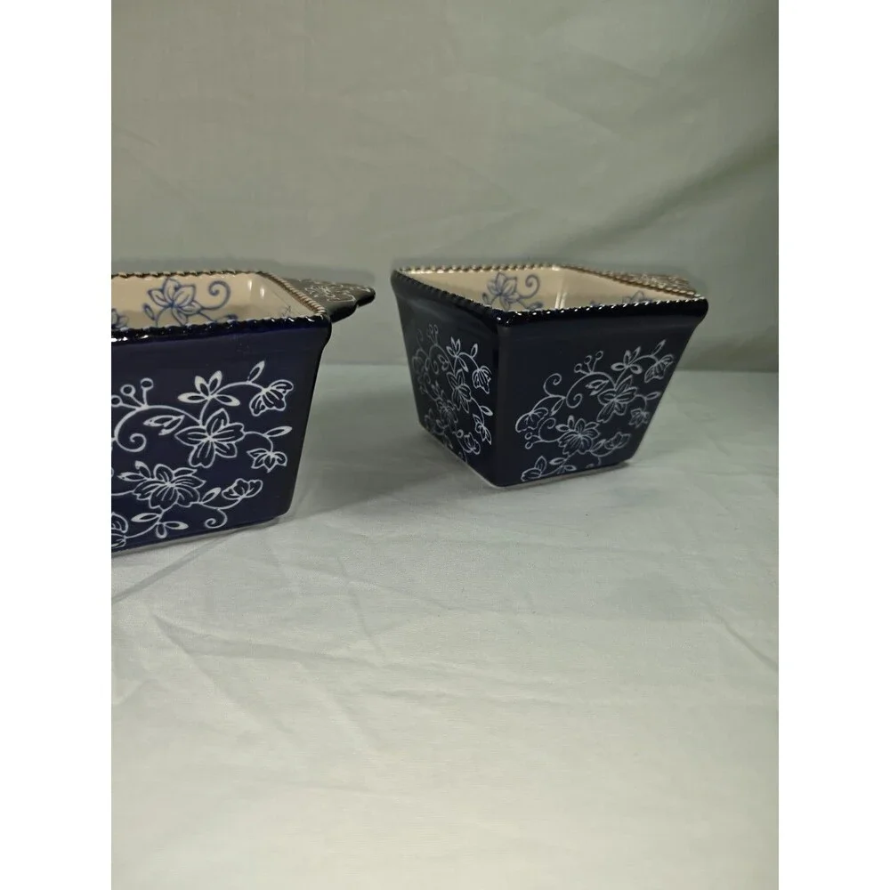 Temp-tations Floral Lace Cobalt Blue 10 OZ Square Ramekins Mini Bakers Set of 4
